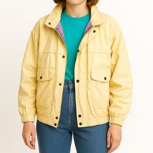 Vintage 80s Brooks Pastel Yellow Cotton Jacket Plaid Lined Hooded Utility Large